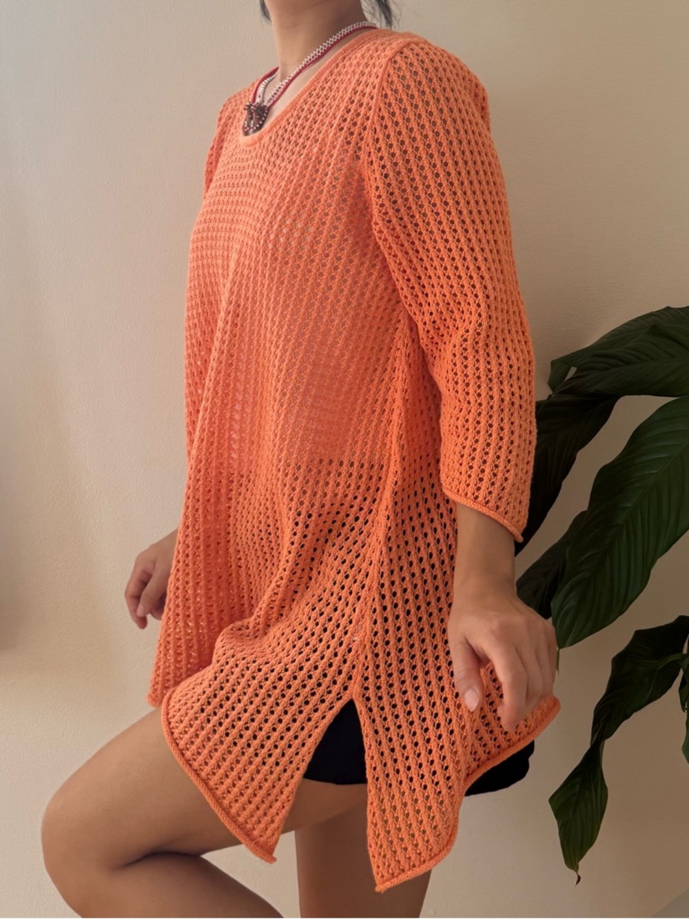 Jeanne Pierre 100% Cotton Open Knit Crochet Orange Top With Side Slits Size L - Picture 5 of 11